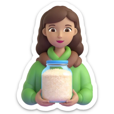 designer woman with brown hair holding a big glass jar of rice sticker