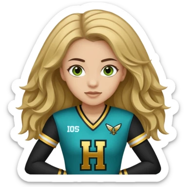 Im white  I have greenish blue hazel eyes I have light brown long hair and my cheer uniform is black and gold and says hornets sticker