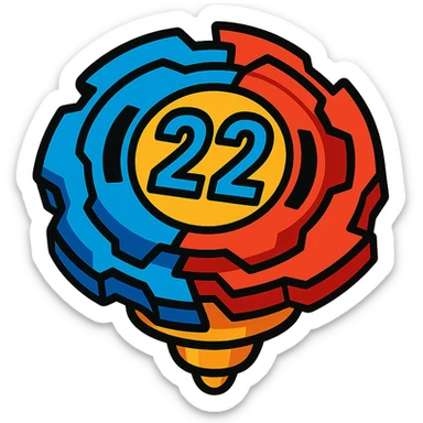 beyblade half sky blue and half red with the number 22, vibrant cartoon illustration style sticker