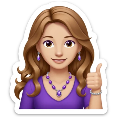 lady with long wavy русые hair, purple top, карие eyes, thumbs up, с бусами белые и серебром на шее sticker