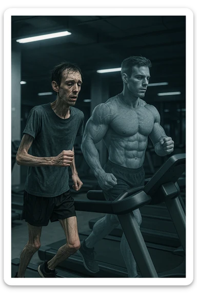 Uomo magro e affaticato che corre su tapis roulant in una palestra. I muscoli delle braccia e delle gambe appaiono ridotti e svuotati, come se stesse perdendo massa muscolare. Espressione stanca sul volto, con accanto una figura trasparente di sé stesso più muscolosa a confronto. Luci fredde e atmosfera di sovrallenamento. in italiano sticker
