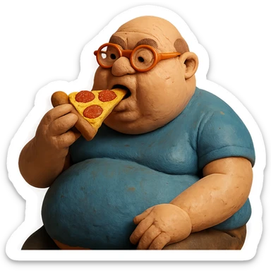 claymation style of a very fat bald man with glasses eating pizza sticker