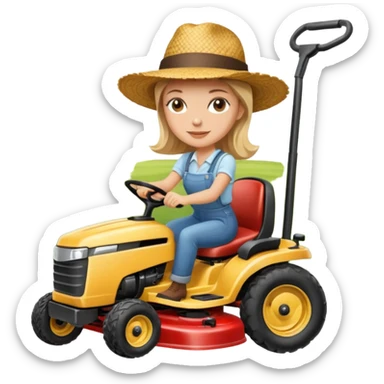 White woman without glasses wearing a straw hat, on old Westwood ride on lawn mower.  sticker