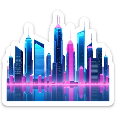 A futuristic cityscape at night, with neon lights and towering skyscrapers illuminating the sky sticker