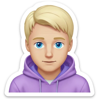 blonde man with blue eyes, lilac hoodie, winking sticker