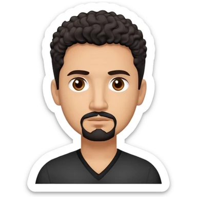 Latino theatre director with light cinnamon skin. Structured face with defined features. Critical dark brown eyes. Thoughtful expression. Well-groomed black goatee with some gray. Short curly dark hair. Wearing a black V-neck shirt with minimal design. sticker