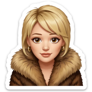 cinematic realistic ultra HD glamorous extremely made up Hilary Duff extremely skinny in a shaggy fur coat with bronze glow sticker