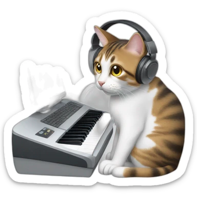 cat wearing headphones typing on the keyboard sticker