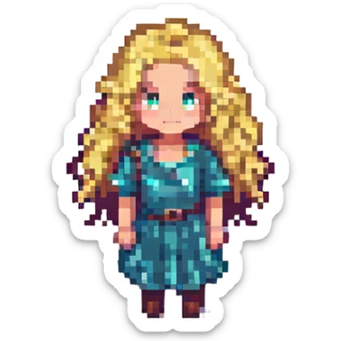 a girl with blonde curly hair, pixel art style sticker