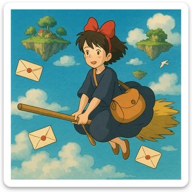A mail carrier girl on a broomstick delivering letters to flying islands.

 sticker