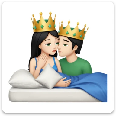 Blonde Queen with crown, Green eyes, naked, kissing man, naked, no crown, black hair, blue eyes, whole Body, Background bed sticker