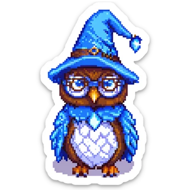 pixel art owl with a blue wizard hat and glasses sticker