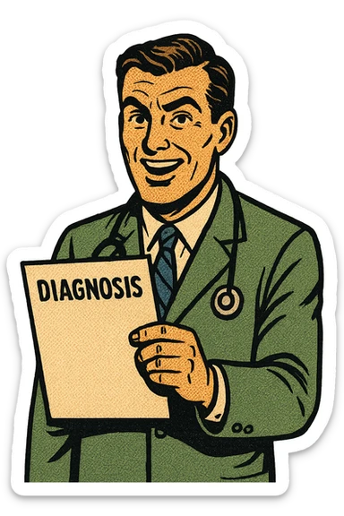 A doctor standing up holding a sheet of paper with the word diagnosis on it sticker
