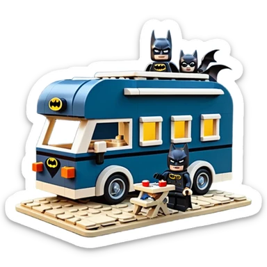  Ultra cute futuristic Lego Haunted Batman and Catwoman dream house Caravan with picnic table and folding chairs at night  sticker
