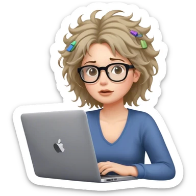 A woman in glasses, a laptop on her lap, chaotic notes flying around, messy hair, three thought bubbles above her head. sticker