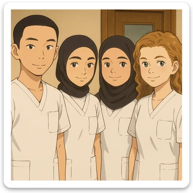 Four nursing students standing side by side indoors, each wearing a white short-sleeved uniform with a V-neck medical tunic, left chest pocket, no collar stand, no stethoscope, nothing protruding from the sleeves, friendly ambiance, no feet visible. sticker