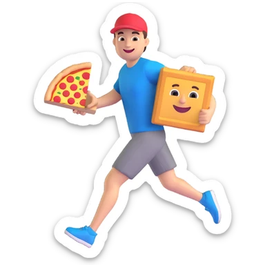 a man running with a pizza box in his hands, smiling, 3D emoji style sticker
