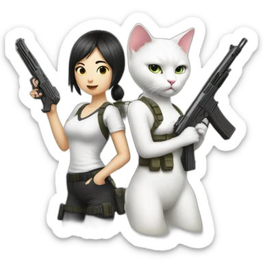 white cat with gun and Asian girl with gun together sticker