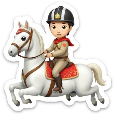 “A Chinese little boy is riding a cute white small horse, and the horse is running. The blanket on the saddle says ‘2026.’” sticker
