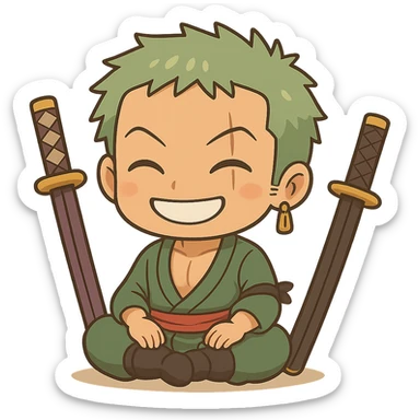 Remove the white lines over Zoro, keep the chibi cartoon style, sitting cross-legged with swords beside him, smiling, no background. sticker