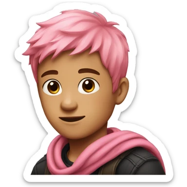 A boy with short pink hair and he it's using a red scarf and a black sueter sticker