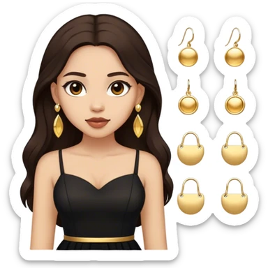 Beautiful woman,cute, long dark brown hair in dark dress with gold earrings sticker