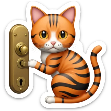 A short-tailed striped cat turning a doorknob sticker
