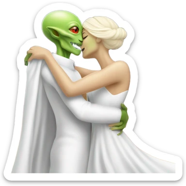 Alien reptilian woman in white dress hugs and kissing White man sticker