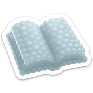 thick open book made entirely of small, very bright white fluffy convex clouds, matte glass style sticker