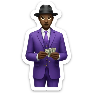 Black man In purple suit and hat counting money sticker