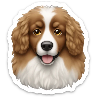brown fluffy dog with white chest sticker
