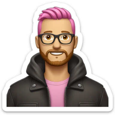 white man with brown beard and pink mohawk haircut and thick glasses wearing a leather coat sticker