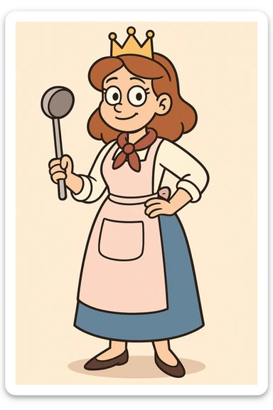 a princess chef wearing a crown and apron, cartoon style, colorful, friendly sticker