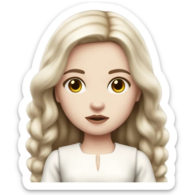 Doll with brown straight hair, wearing a white dress and a serious expression. She has pale skin and a classic porcelain doll appearance, looking terrifying. sticker