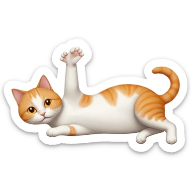 ginger and white cat with orange eyes doing a big extremely long stretch reaching up into the air with arms and legs side by side together straight and overextended whilst lying on its side sticker