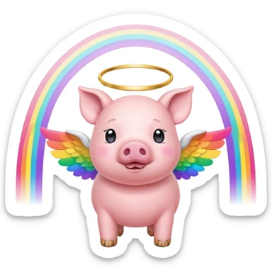 cute pig with angel wings and halo crossing colorful rainbow bridge sticker