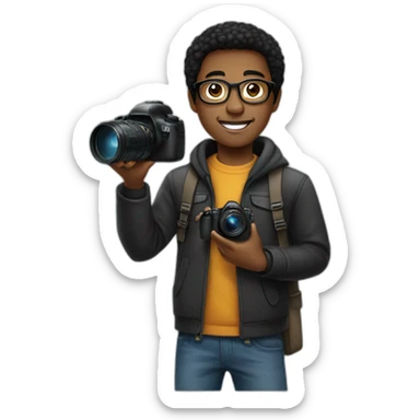 a young, black photographer, straight black hair, wearing glasses and with a camera in his hand sticker