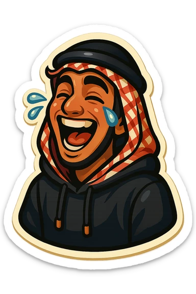 cartoonish, bold, vibrant emoji-style sticker of Ara, an Arab young man with medium brown skin, black hair, wearing casual urban Middle Eastern streetwear like a keffiyeh scarf or hoodie, laughing uncontrollably with exaggerated expression sticker