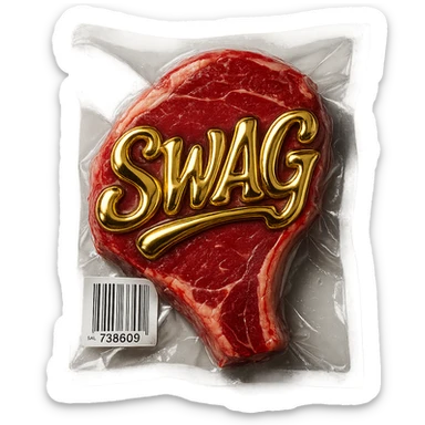 steak with gold cursive 'SWAG' lettering, shiny and inflated sticker