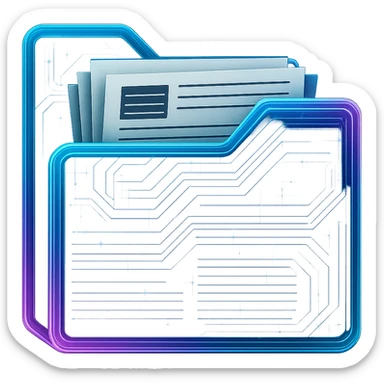 Redo the cyberpunk folder icon so that it is open with visible paper or documents inside. Keep the glowing neon blue and pink edges, circuit patterns, and transparent background. The folder should appear three-dimensional, futuristic, and visually open, with paper or documents clearly inside, in a cyberpunk style with neon blue and pink glowing edges and circuit patterns. sticker