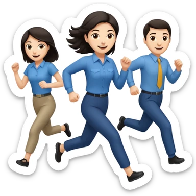 a female co-worker running and other co-workers chasing her  - female co worker with dark hair way in front... others far behind -- male and female co workers chasing female co worker sticker