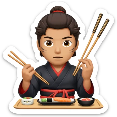 Man with wide eyes eating sushi in a samurai outfit sticker