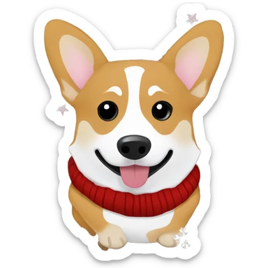 Welsh corgi in a cozy Christmas sweater, surrounded by snowflakes, holding a hot cocoa cup sticker