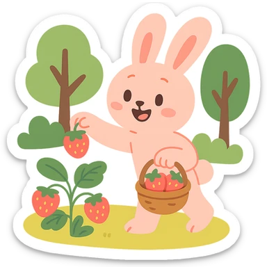 A sweet pastel red soft pastel style illustration of a bunny picking strawberries in the woods, gentle and cute, transparent background sticker