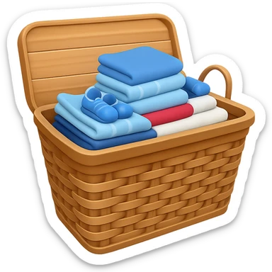 Add folded towels on top of the socks and towels in the wicker laundry basket in emoji style, no background. sticker