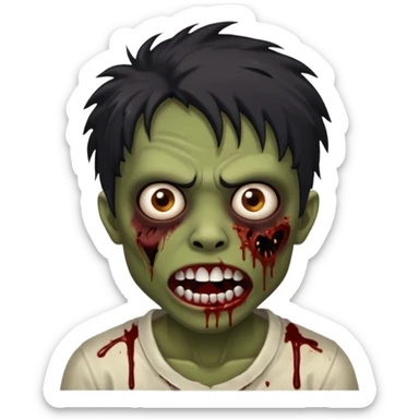 Brown-skinned zombie with messy black hair, wide centered brown eyes, dark bloody marks under the eyes, and a slightly open mouth showing crooked teeth grillz, giving a distressed, undead look. sticker