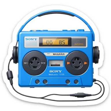 Blue Sony Walkman portable cassette player from the 1980s with headphones sticker