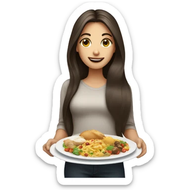 Long hair brunette female showing plates of food sticker