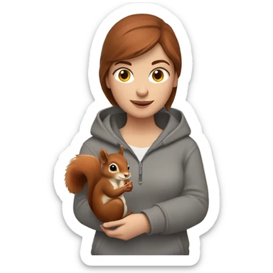 Short brown haired women in grey hoodie holding a red squirrel in hand sticker