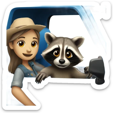 Raccoon driving blue pickup truck with girlfriend raccoon  sticker